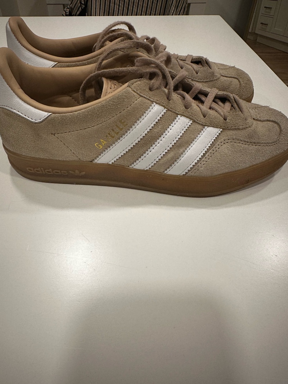 adidas Gazelle Suede Sneakers - Tan with White Stripes